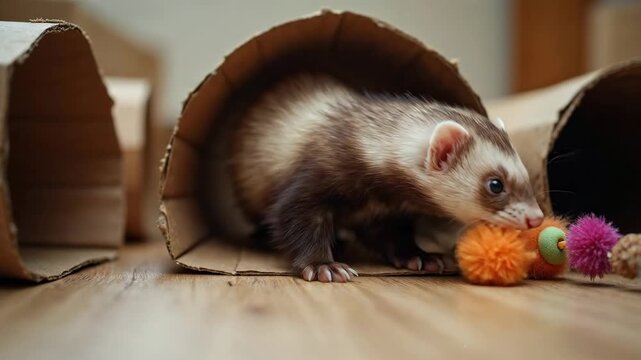 A curious ferret peeks from a cardboard tunnel, ready to play with colorful toys.