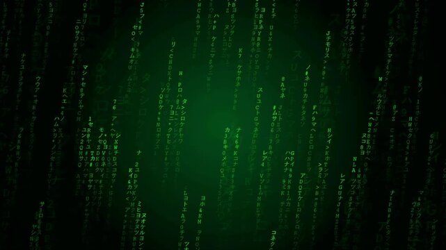 Digital rain of green binary code and characters falling on a black background