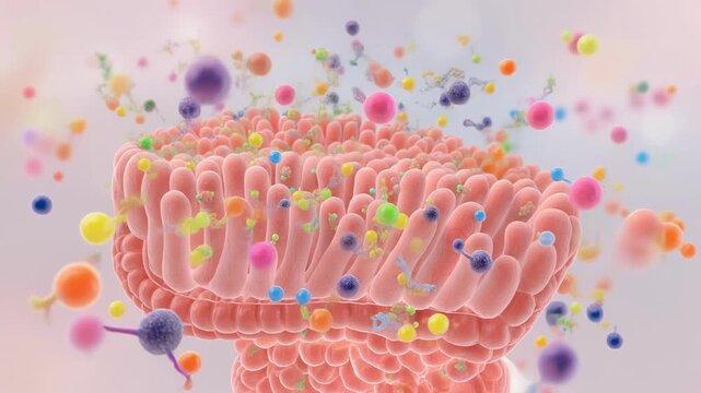 Detailed 3D illustration of mitochondrion with colorful molecules representing cellular energy and biology