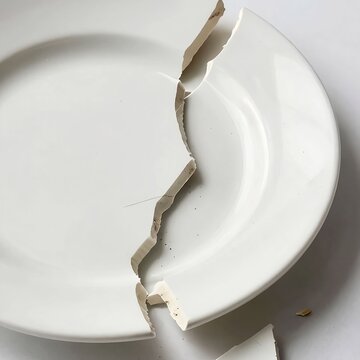 Broken white ceramic plate on white background, shattered porcelain dish with sharp edges, cracked kitchenware representing failure or loss