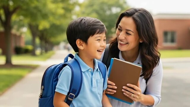 Happy mother and son smiling, ready for school, sharing a loving moment.