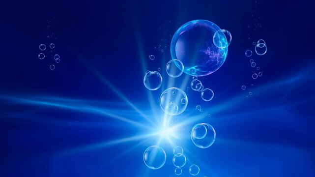 Blue underwater scene with glowing bubbles and radiant light beams in deep ocean water