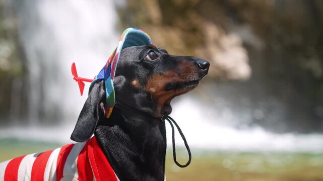 A black and tan dachshund dog wears a rainbow propeller hat and red striped shirt near a cascading waterfall