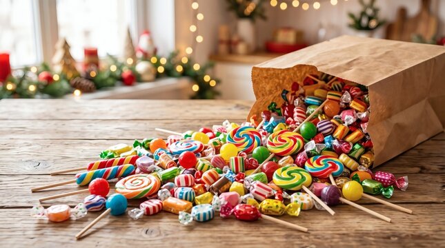 Colorful lollipops and wrapped sweets spilling from a paper bag
