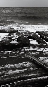 A monochrome  of ocean waves crashing against the shore