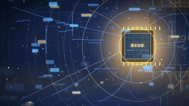 Futuristic digital animation of a computer bios chip with glowing data streams and circuitry