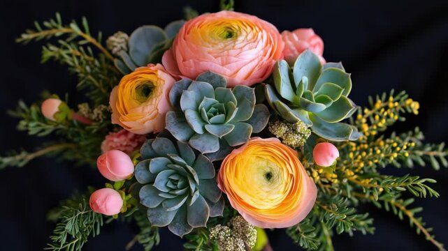 Close-up of a Ranunculus and Succulent Floral Bouquet