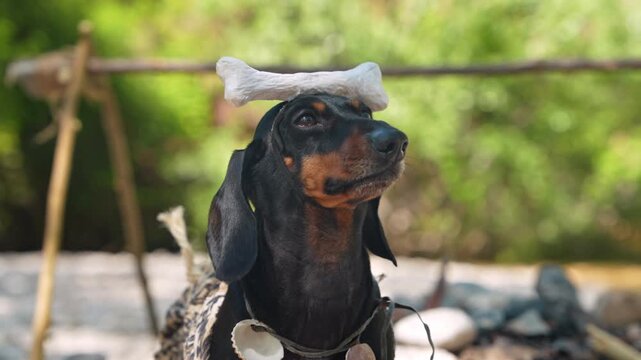 A black and tan dachshund dog wearing a tribal style costume balances a large bone on its head while sitting outdoors, a playful concept of animal obedience and patience training.