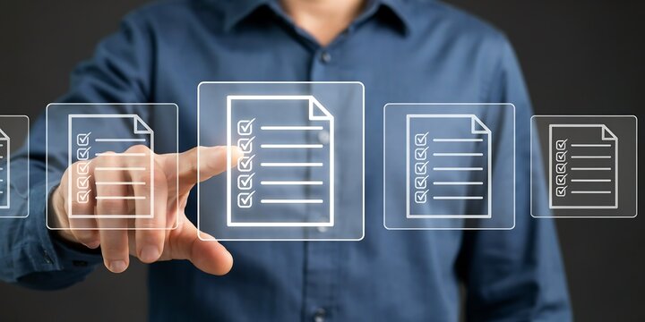 Businessman touching digital document icon on virtual interface for data management
