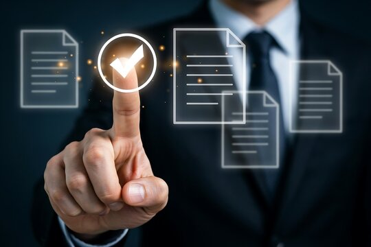 Businessman touching digital document approval icon for paperless workflow management.