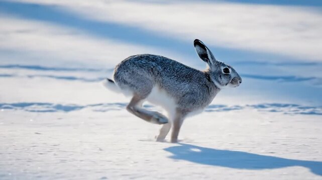 A majestic white hare leaps gracefully across a pristine, sunlit snowy landscape.