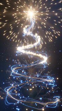 Christmas tree topped with a brilliant gold firework burst, ideal for New Year celebrations, holiday motion graphics, social media promos, and festive video editing assets.