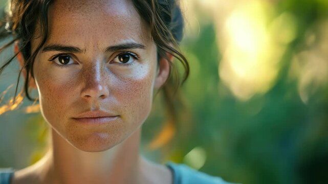 Close-up of a serene woman with freckles and closed eyes in nature