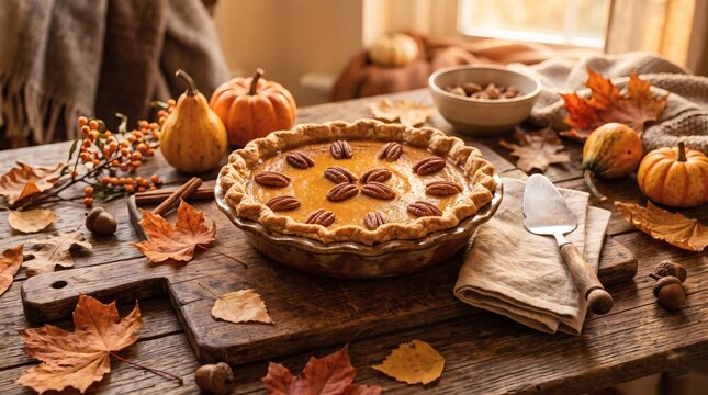 Pumpkin pie with pecans and autumn leaves on a wooden board