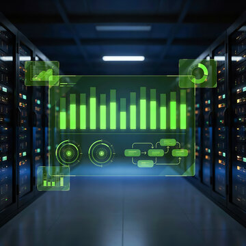 Futuristic glowing green holographic data visualization dashboard in a dark modern server room data center