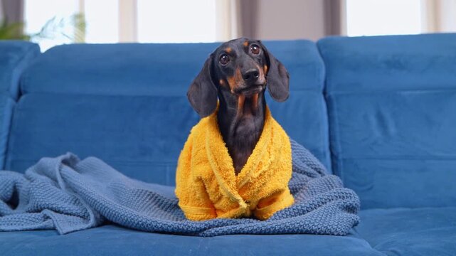 A black and tan dachshund dog wears a yellow bathrobe while sitting on a blue sofa with a knitted blanket, looking to the side after a bath.