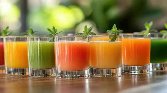 Line of colorful healthy smoothies and juices with mint garnish on a wooden table