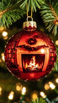 Festive Christmas scene in a vertical frame featuring a glossy copper-gold ornament hanging from a pine branch, reflecting a cozy fireplace and library inside, ideal for holiday Christmas