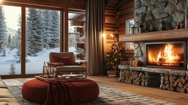 Cozy Log Cabin Interior with Fireplace and Christmas Tree in Winter