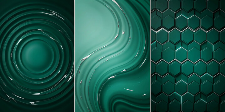Three panel abstract background, with emerald green, water ripples, liquid, swirls, and hexagon