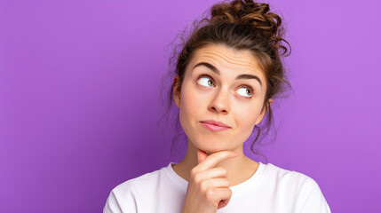 Fototapeta premium Thoughtful young woman with curly hair looking away against a vibrant purple background