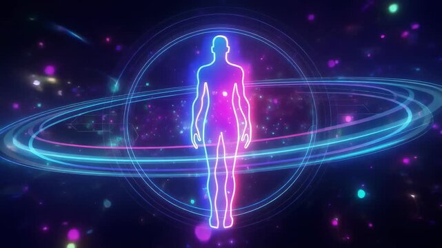 Futuristic neon human silhouette surrounded by glowing orbit rings in digital space background