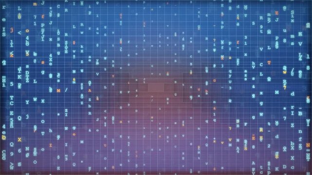 Abstract digital data stream with floating characters and numbers on a blue grid background