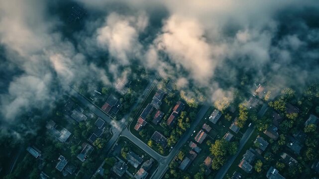 Aerial View of a Foggy Suburban Neighborhood with Houses and Trees