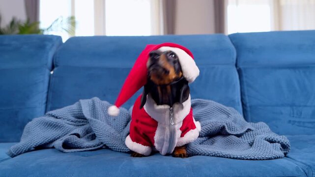 A black and tan dachshund dog in a red Santa outfit and pointed hat sits on a blue sofa wrapped in a grey knitted throw, tilting its head and looking up, a warm winter gift idea.