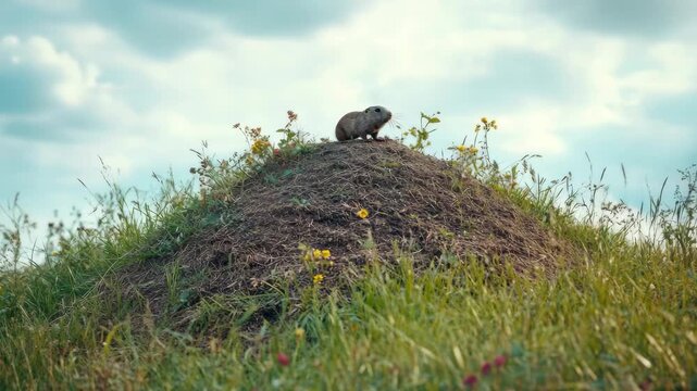 Small Furry Hamster Sitting on a Grass Mound in a Field