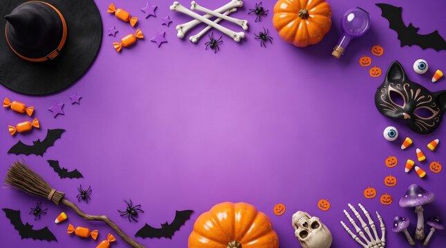 Flat lay, top-down view of halloween decorations, including pumpkins, a witch hat, and candies, arranged on a violet background with copy space.
