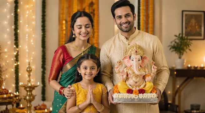 Happy Indian family in traditional dress holding Lord Ganesha idol with daughter doing namaste during festival celebration