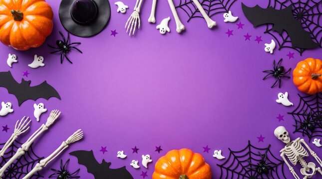 Flat lay, top-down view of halloween decorations (pumpkins, skeletons, bats) framing copy space on a violet background, for spooky festive mood.