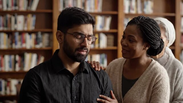 A supportive woman placing her hand on a mans shoulder in a library setting, with an elderly woman standing behind them