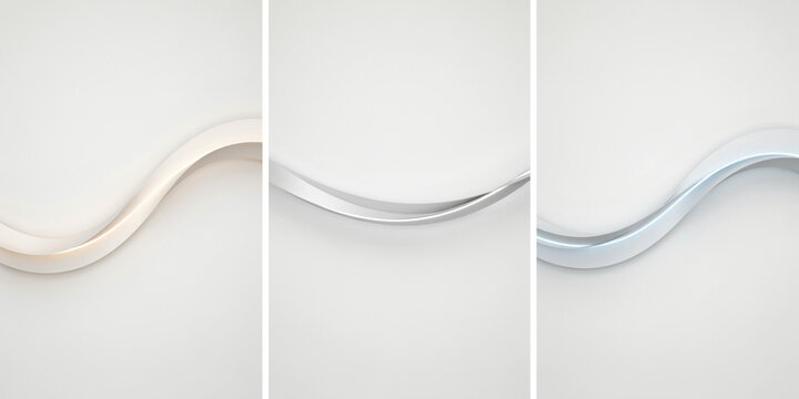 Three vertical backgrounds featuring smooth metallic silver and white wavy ribbons with soft