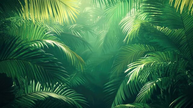 Lush Green Palm Leaves in a Misty Tropical Jungle