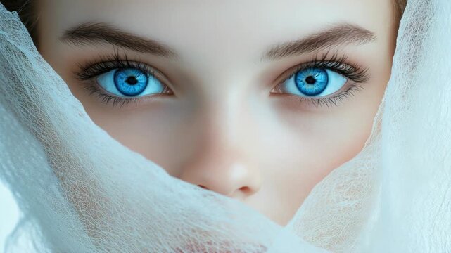 Portrait of a Person with Striking Blue Eyes Behind a White Mesh Veil