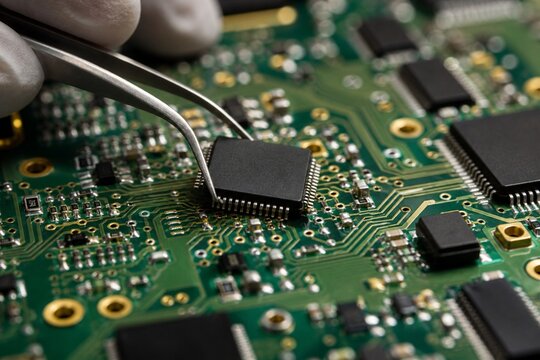 Macro Circuit Board With Tweezers Placing Tiny Chip On Gold Traces