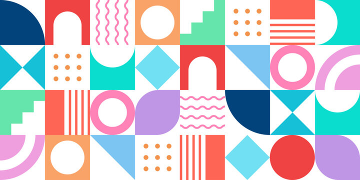 Seamless geometric pattern design with colourful modern shapes