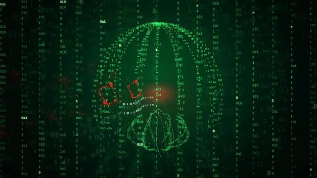 Digital globe made of green binary code with red data highlights on black background