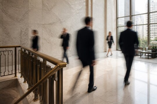 Motion Blurred Professionals Crossing Bright Marble Corporate Lobby