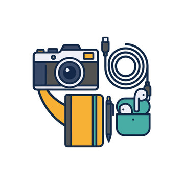 Digital Gadgets Flat Design: Camera, Earbuds, Notebook, Pen, USB Cable