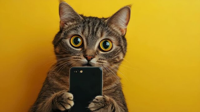 Cute Tabby Cat Looking at Smartphone on Yellow Background