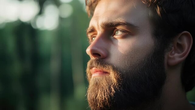 Close-up Portrait of a Bearded Man in a Forest Setting