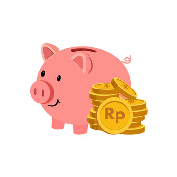 A charming pink piggy bank with a smiling face stands next to a stack of golden coins clearly marked with the Rupiah (Rp) symbol. This flat illustration represents saving and finance.