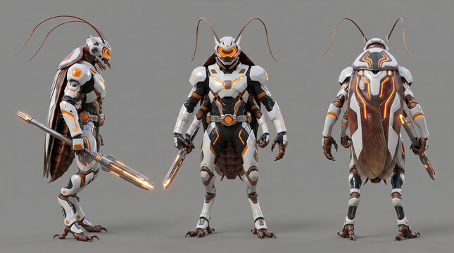 Sci-fi humanoid cockroach mech warrior character turnaround sheet, high-tech white and orange mechanical exoskeleton armor concept art, front view, side profile view, and back view, studio background,
