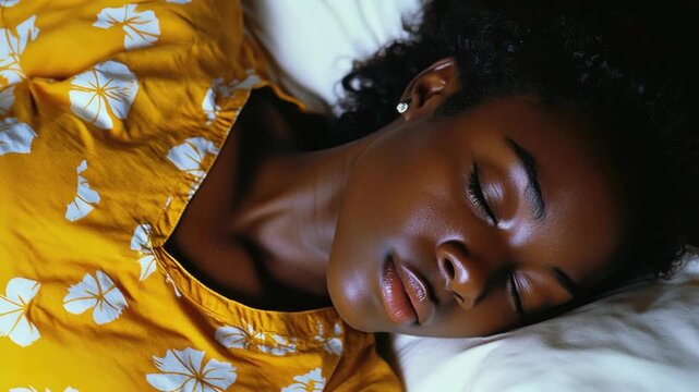 Close-up of a Peaceful Black Woman Sleeping in a Yellow Floral Shirt