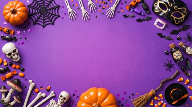Spooky halloween decorations, like pumpkins and skeletons, frame copy space in a flat lay, top-down view on a vibrant violet background.