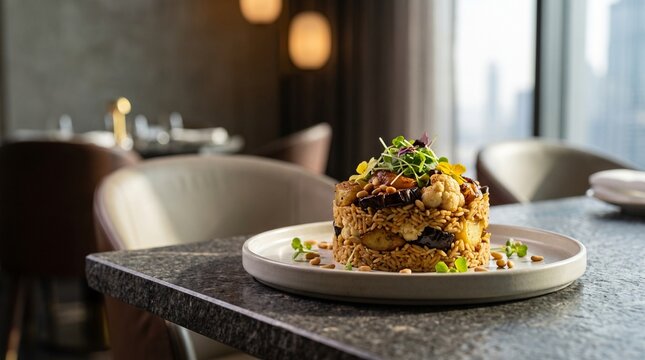 Elegant restaurant-style maqluba presentation designed for hospitality branding, food advertising, premium menus, and culinary marketing.