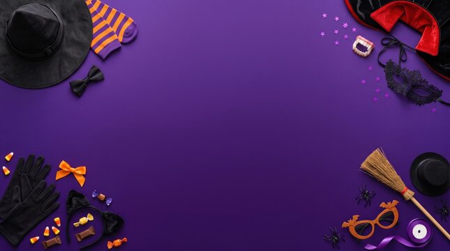 A flat lay, top-down view captures halloween decorations and costume accessories on a vibrant violet background, offering ample copy space.